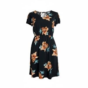 Floral Print Dress, Casual Black Dress with Tie Back, Elastic Waist, Midi XS